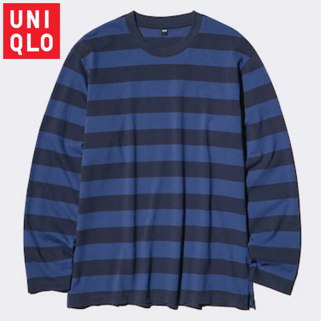 UNIQLO Men T-Shirt Kaos Katun Garis Pria Lengan Panjang