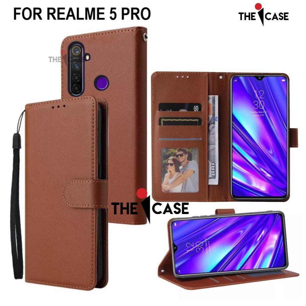 Casing realme 5 pro model flip buka tutup case kulit ada tempat foto dan kartu juga tali hp flip cov