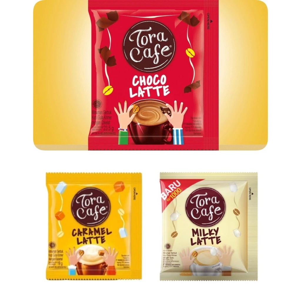

Tora Cafe Choco Latte Milky Latte Caramel Latte 23.5g 1 Renceng (10pcs)