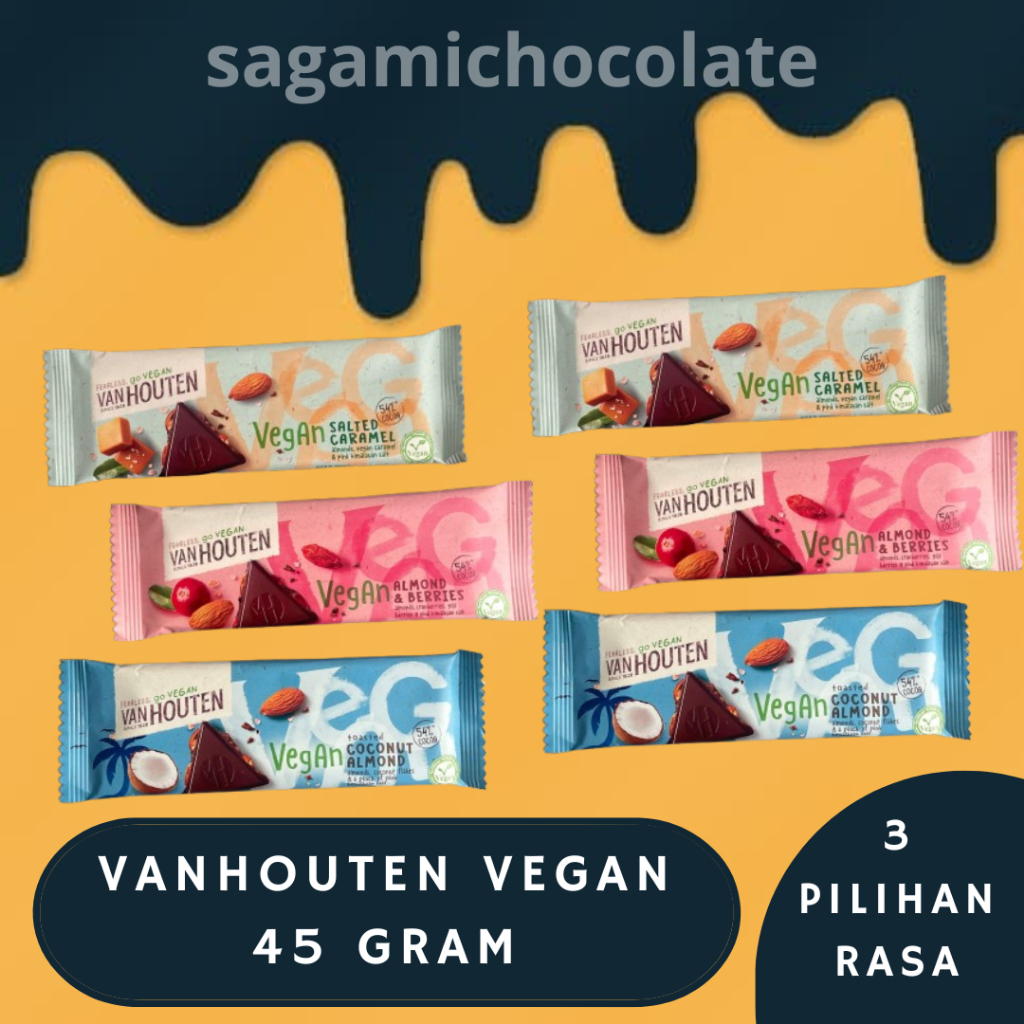 

VAN HOUTEN VEGAN CHOCOLATE BAR 54% COCOA ALMOND & BERRIES / COCONUT ALMOND / SALTED CARAMEL vegan coklat 45 gram