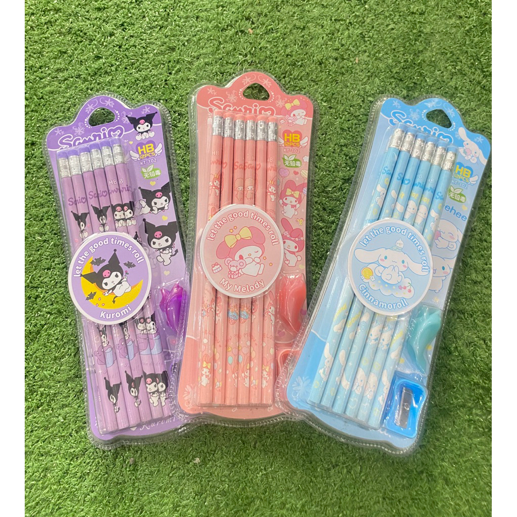 

Set Pensil Karakter Sanrio Kuromi, Melody, Cinnamoroll / Pensil isi 12 pcs + Rautan / Pensil Set Anak
