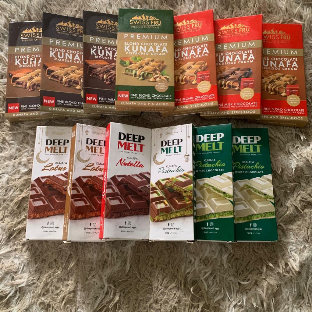

Coklat Dubai Viral Asli SWISS FRU. Dengan Rasa Kunafa & Pistachio, kunafa & Speculoos, Kunafa & mousse, MILAN GO DAN DEEP MELT.