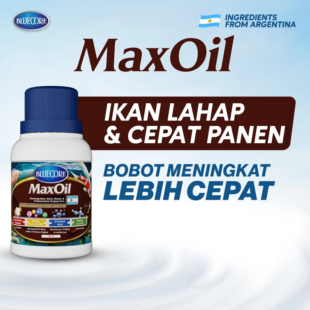 Bluecore MaxOil Vitamin Ikan & Perangsang Ikan untuk Nafsu Makan dan Pembentukan Daging Ikan