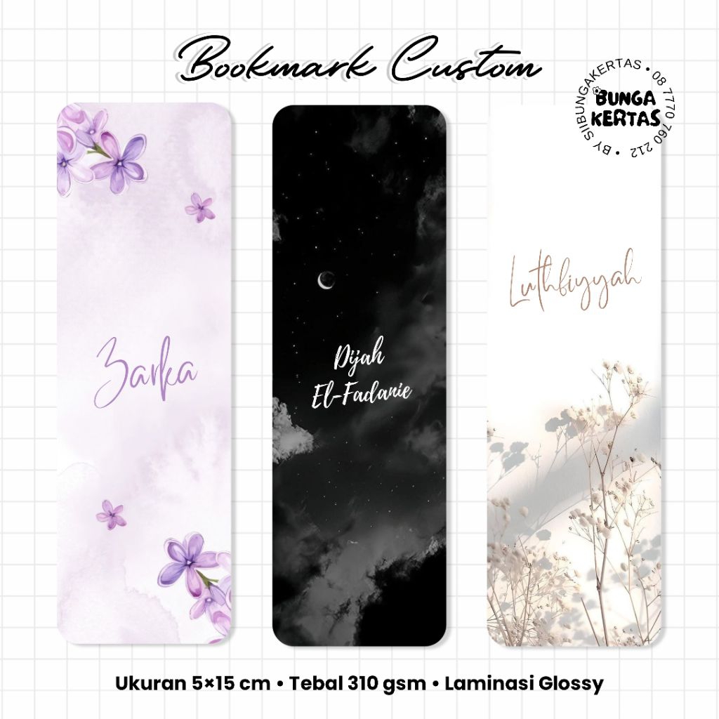 

Bookmark Custom Nama Akrilik / Pembatas Buku Custom Foto/Nama Aesthetic Kertas Tebal Laminasi Glossy By Siibungakertas