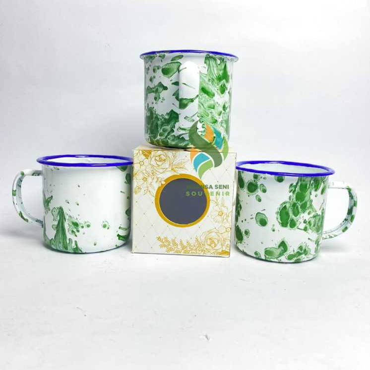 Souvenir Mug Enamel Blurik 6cm Cangkir Gagang Kaleng Motif Tumbler Unik Motif Loreng Kemas Box