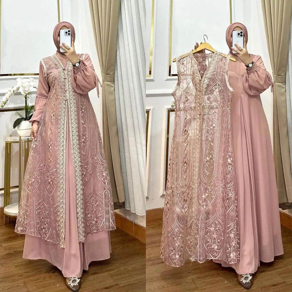 Naura Dress Gamis Pesta mewah Elegan Dress Kondangan Bahan Ceruti Babydoll Mix Brukat Aplikasi Renda