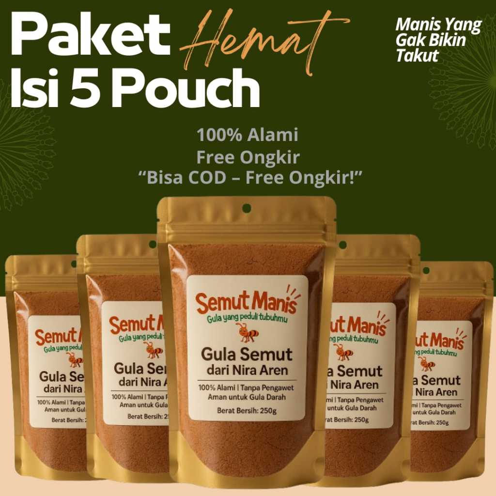 

Paket Hemat Gula Semut Aren 5 Pouch 250gr – 100% Alami, Aman untuk Diabetes, Tanpa Pengawe