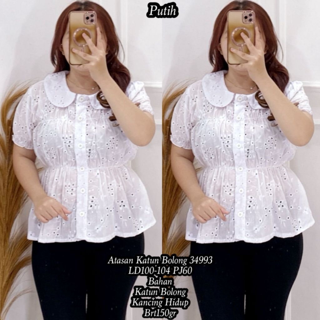 FER 55101 / 00504 / 34993 ATASAN KATUN BOLONG IMPORT / BLOUSE PUTIH WANITA / READY / REALPICT