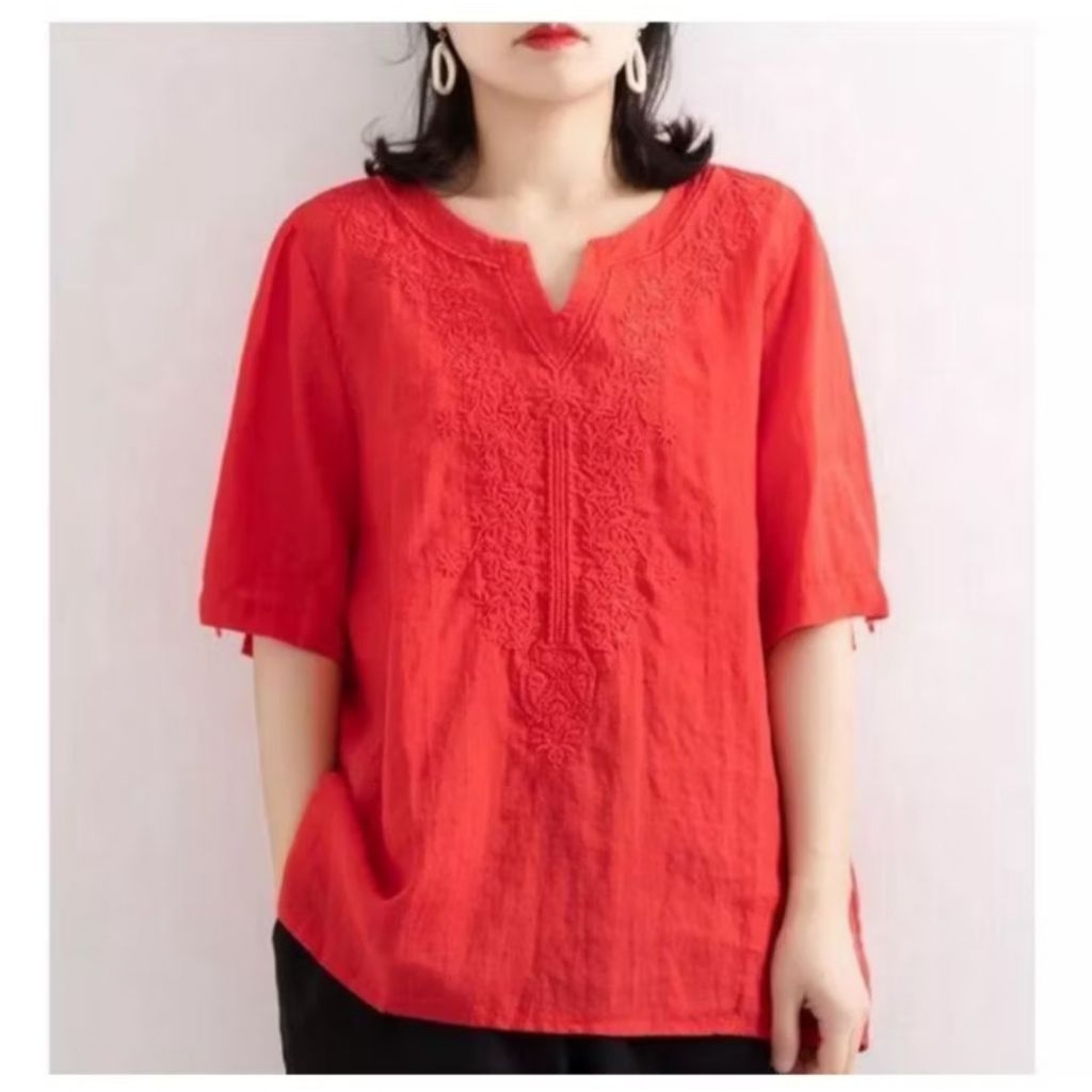 baju blouse bahan katun linen motif bordir