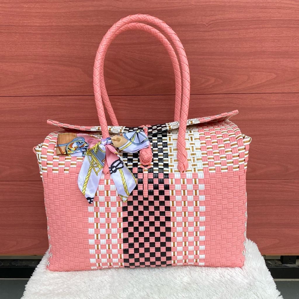 Tas Anyaman Tutup Muat 10 Kg Buat Belanja Wanita Tote Plastik Ringan Khaky Blue Tas Belanja Dengan P