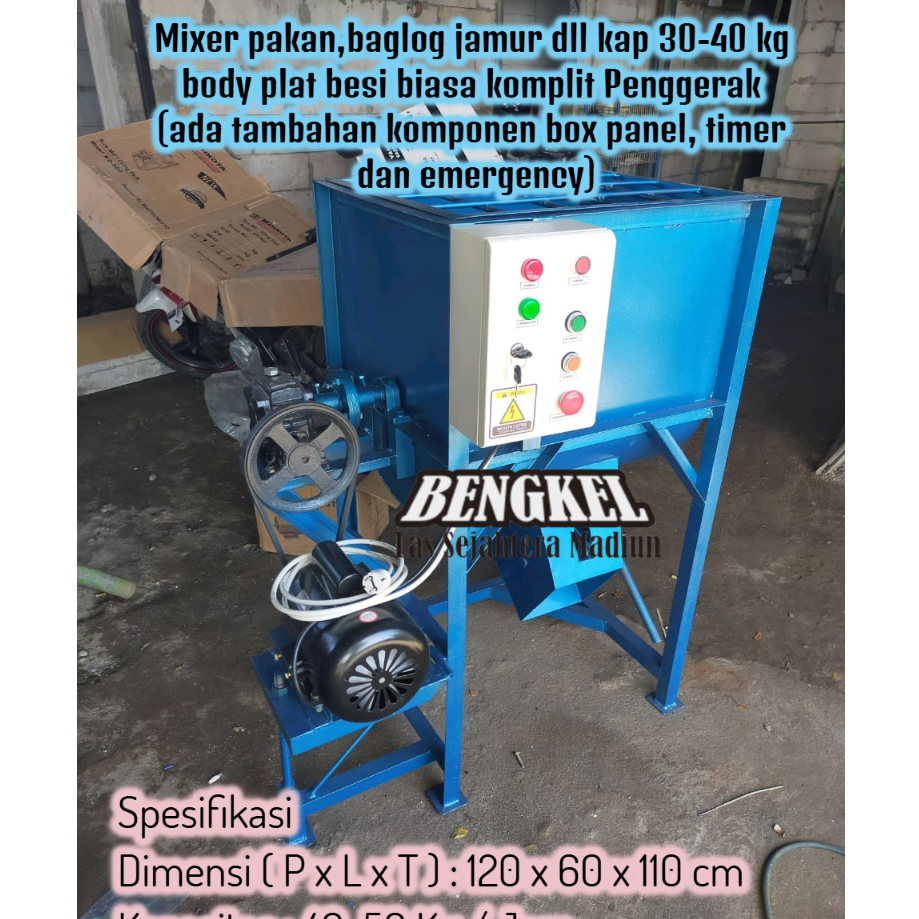 Mixer Pakan, Baglog Jamur Dll Kap 30-40 kg Body Plat Besi Biasa Komplit Penggerak (ada tambahan komp