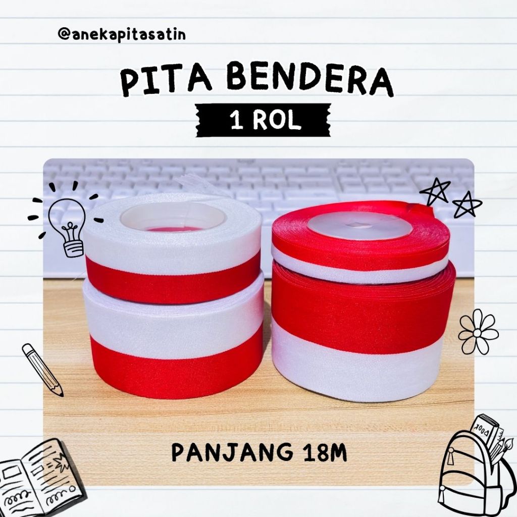 

Pita Bendera Merah Putih 1/2 inchi, 1 inchi, 4cm, 5cm- 1 Rol 18 Meter, Premium dan Tahan Cuci