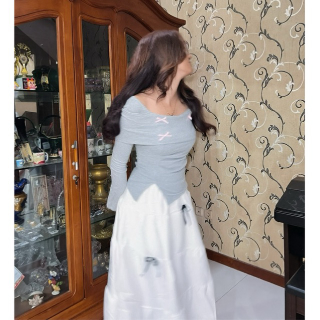 Rok Putih Layer Pita Hitam Korean Cute Look - Rok Midi Remaja