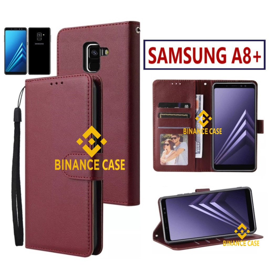 LEATHER FLIP CASE SAMSUNG A8+ CASE KULIT FLIP WALLET LEATHER KULIT PREMIUM SARUNG BUKA TUTUP KESING 