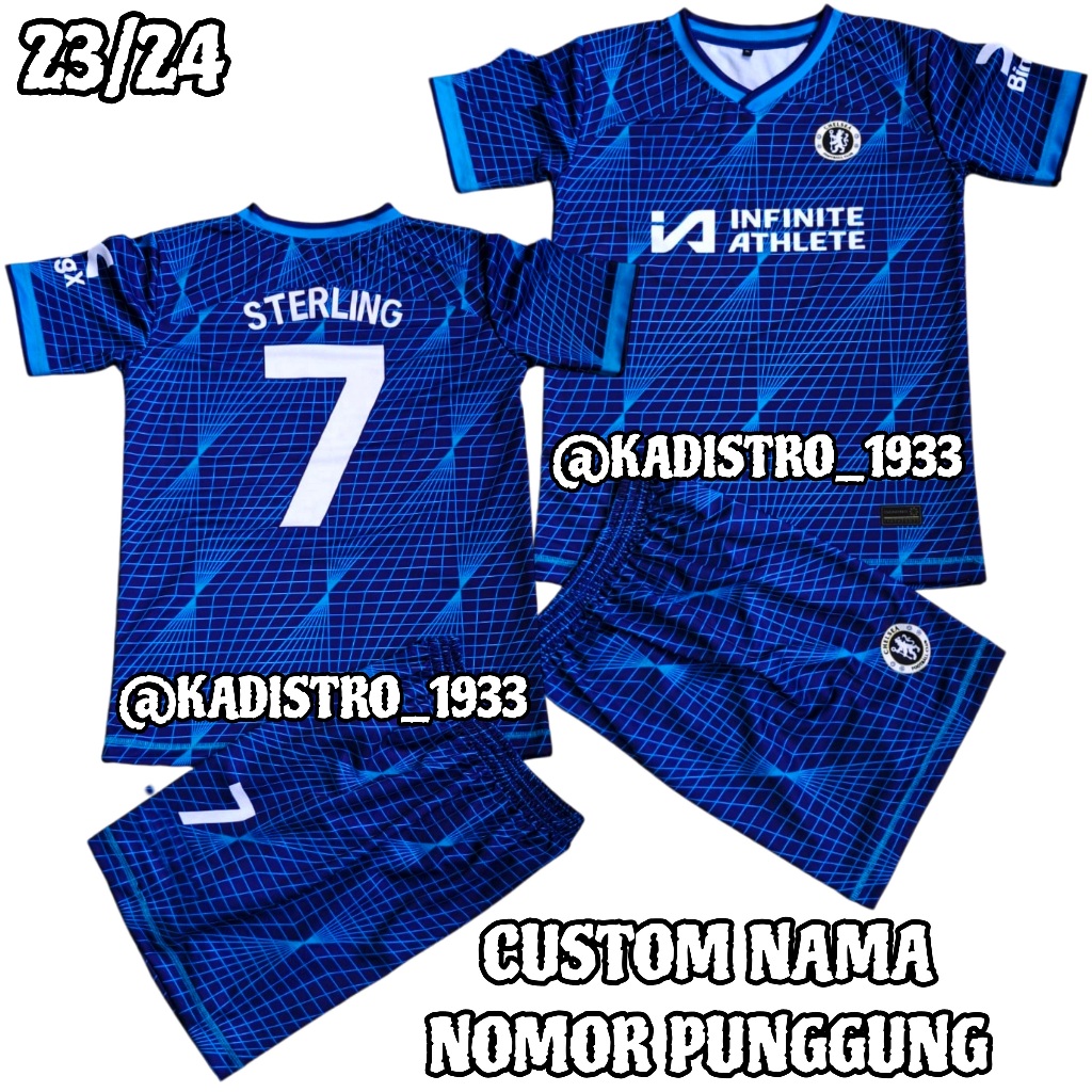 Free Custom Nama Setelan Jersey Bola Anak CHELSEA Away 23/24 Usia 1-13 Tahun Full Printing