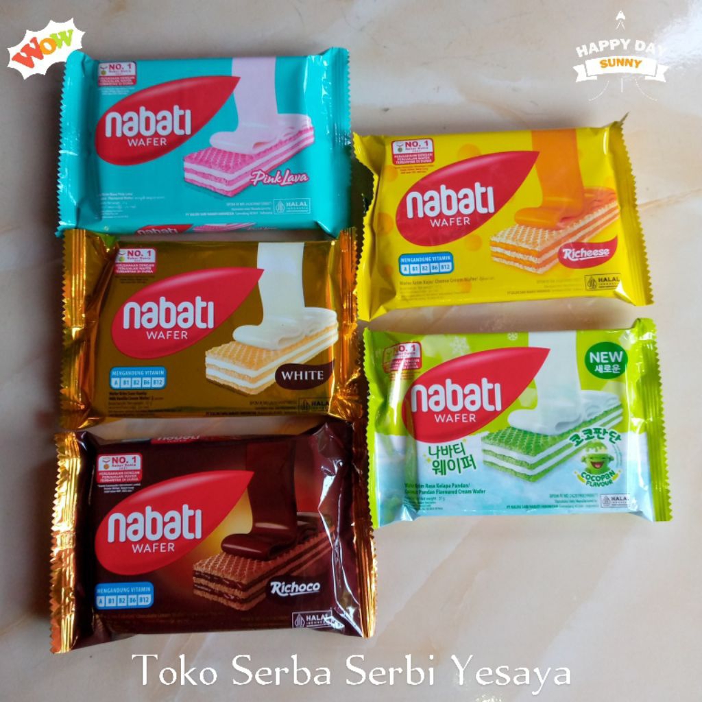 

Nabati Wafer Cream Keju Cokelat Susu Vanila Pink Lava Kelapa Pandan (5 pc x 37 gr)
