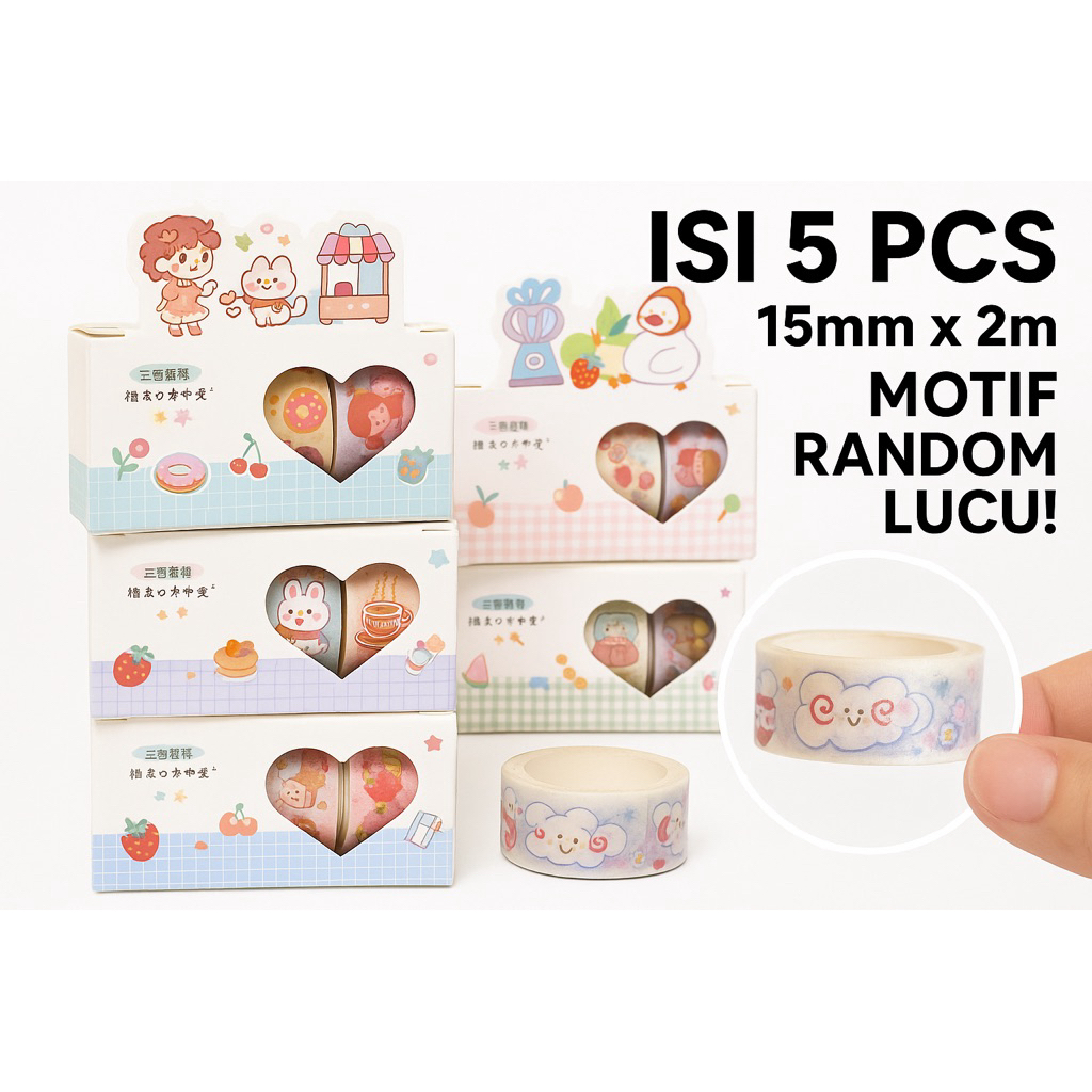 

5pcs Washi Tape Lucu Glitter - Motif Kartun Jepang - Isolasi Fancy Masking Tape Fancy 15mm x 2m