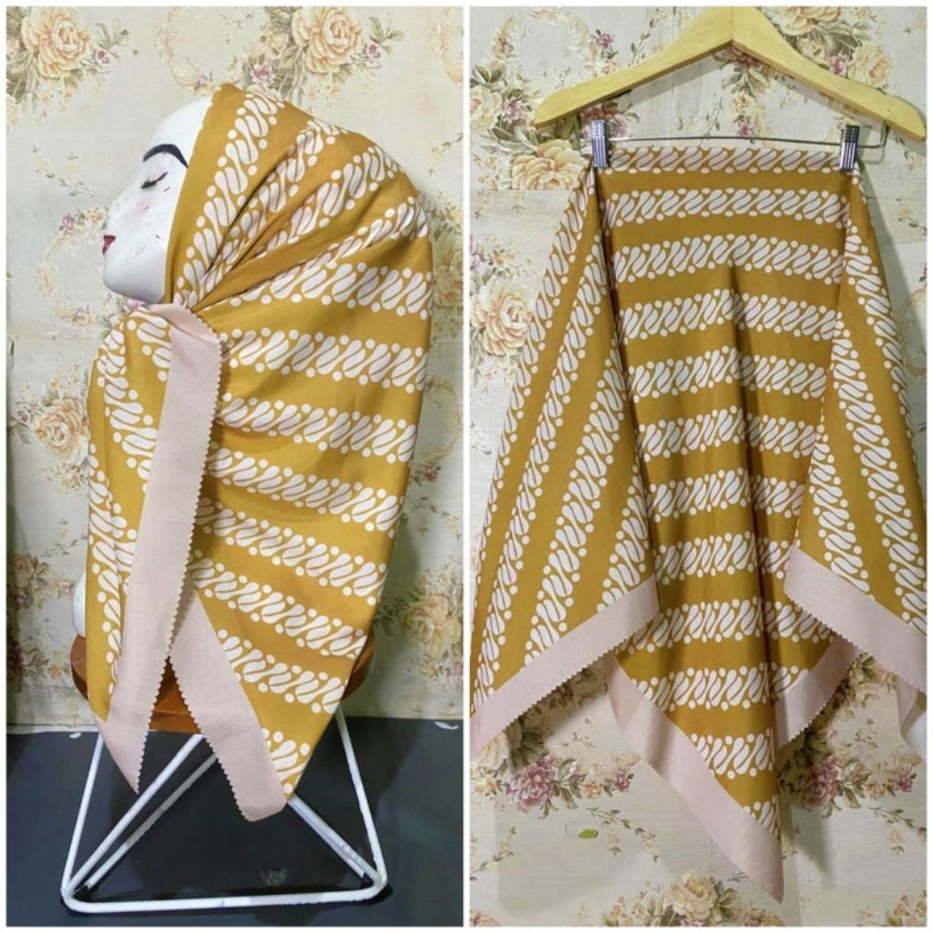 KERUDUNG SEGI EMPAT HIJAB MOTIF BATIK KUNING KODE 237