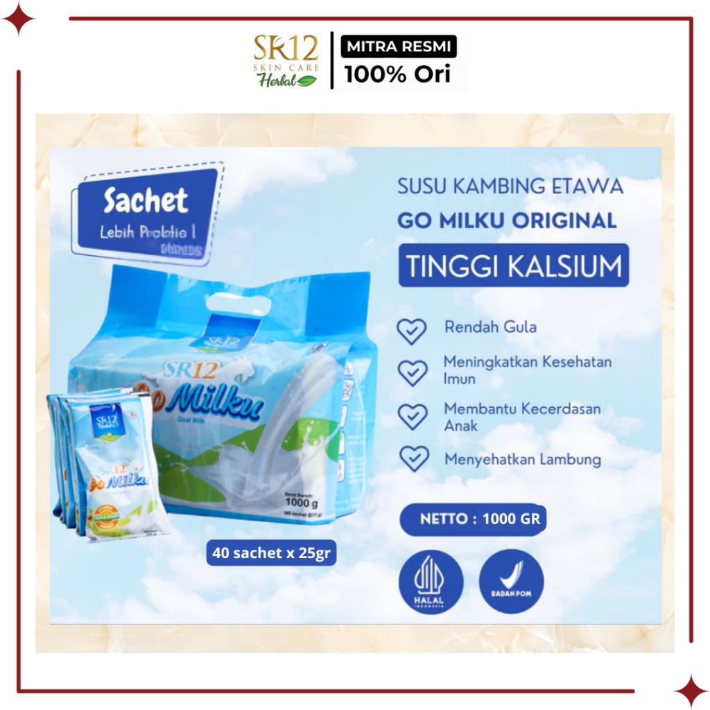 

SR12 Official Mitra - Go Milku Susu Kambing Etawa Rasa Original Kemasan Pouch 1 kg isi 40 Sachet x 25 gr - Membantu sistem imun dan kecerdasan otak anak serta menyehatkan lambung dan jantung - SR12 Reseller Riau - Pekanbaru - Sumatera