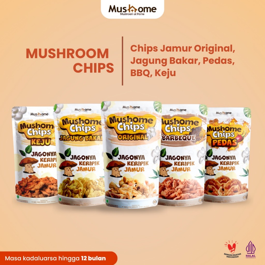 

Keripik Jamur Rasa Original, Keju, Pedas, Barbeque & Jagung Bakar - Mushome Chips - Kaya Serat & Sumber Protein