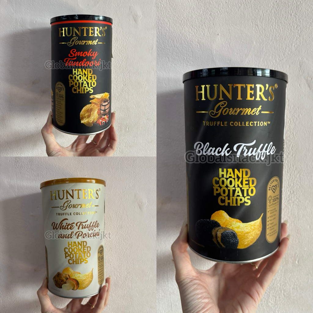 

[CAN 150GR] HUNTER GOURMET WHITE TRUFFLE & PORCINI / BLACK TRUFFLE / SMOKY TANDOORI HAND COOKED POTATO CHIPS
