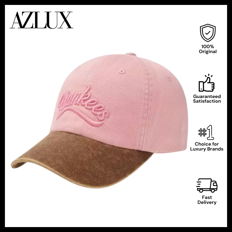 MLB Korea Varsity Vintage Cursive Color Block Unstructured Ball Cap - NY Pink