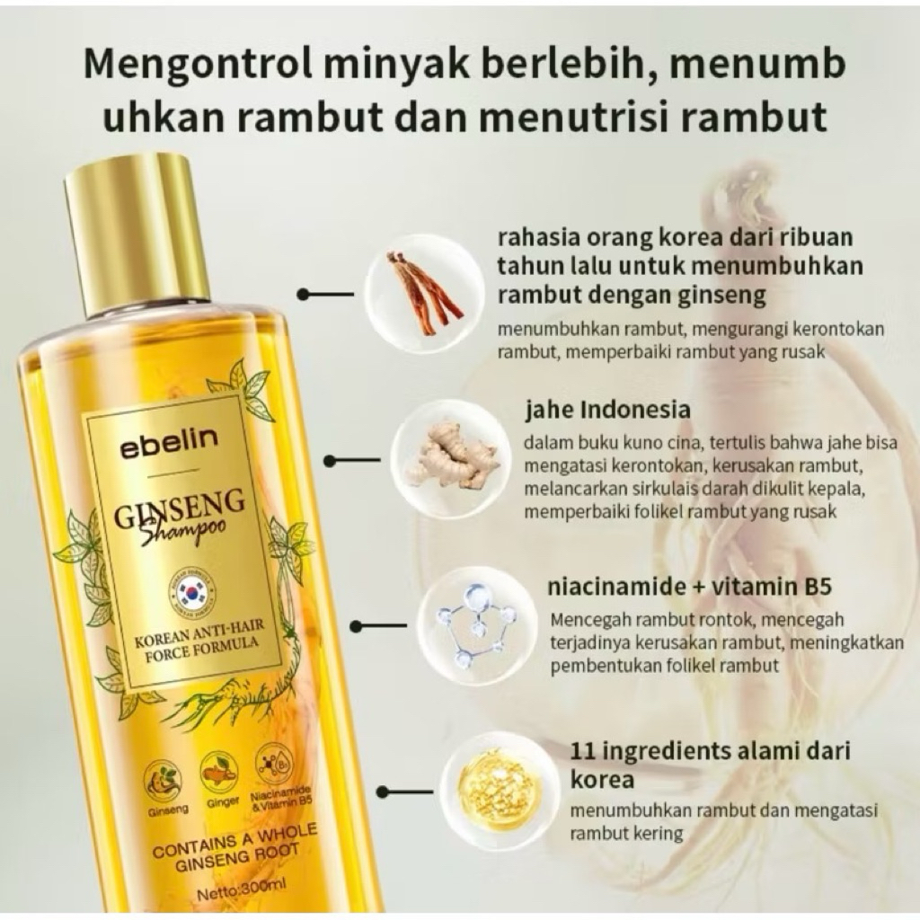 Shampo Ginseng Asli Korea BPOM Ebelin Ginseng Extact Shampo anti Hair Fall Shampo Penghilang Rambut 