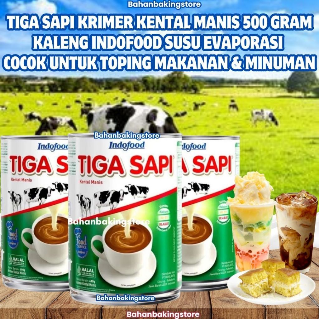 

TIGA SAPI KREMER KENTAL MANIS KALENG 500 GRAM INDOFOOD SUSU EVAPORASI PER KALENG COCOK UNTUK MINUMAN, MARTABAK, CAMPURAN BAKING