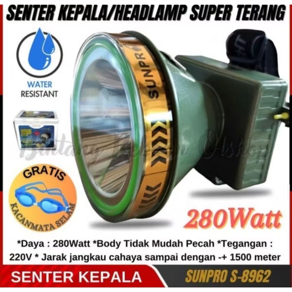 Senter kepala selam sunpro S-8962 280wattSenter kepala waterproff senter kepala putar