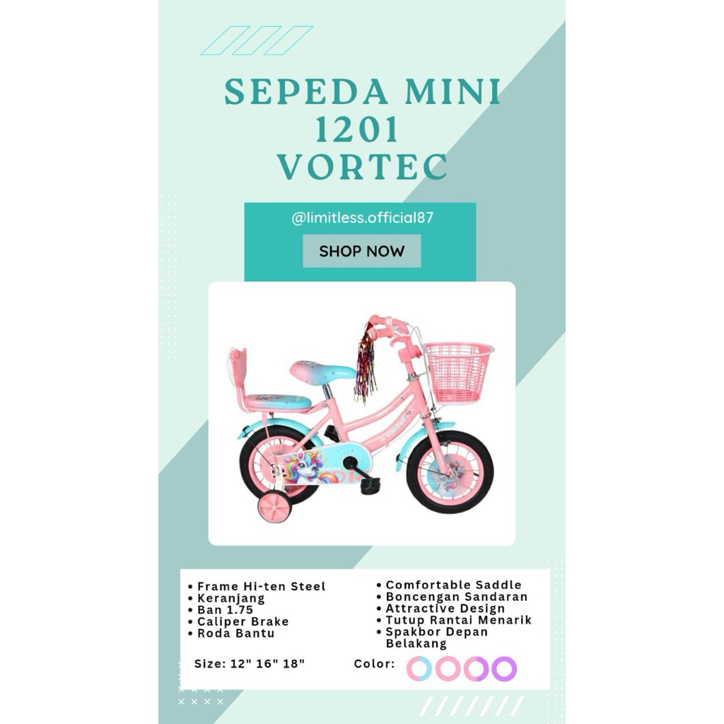 Sepeda Anak Keranjang Mini 1201/1708 Cewe Perempuan Ukuran 16/18 inch Ban Bisa di pompa Sepeda Anak 