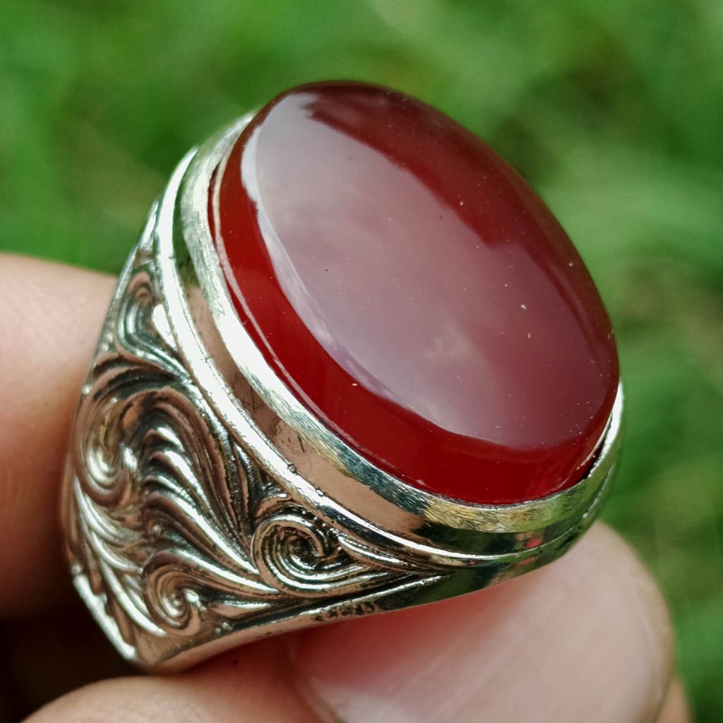 Batu Akik Yaman Al Akhmar Merah Kristal Tembus Merah Dim-20 Ring Ukir Keren