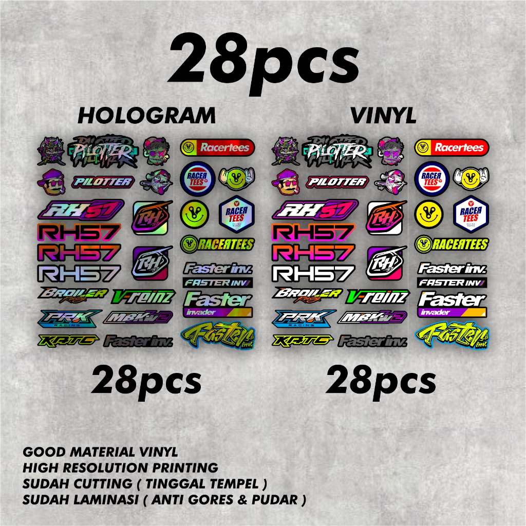 

28 Lembar Sticker Pack Logo Brand Racing Isi 28 pcs Bahan Hologram Vinyl Sudah Cutting Siap Tempel