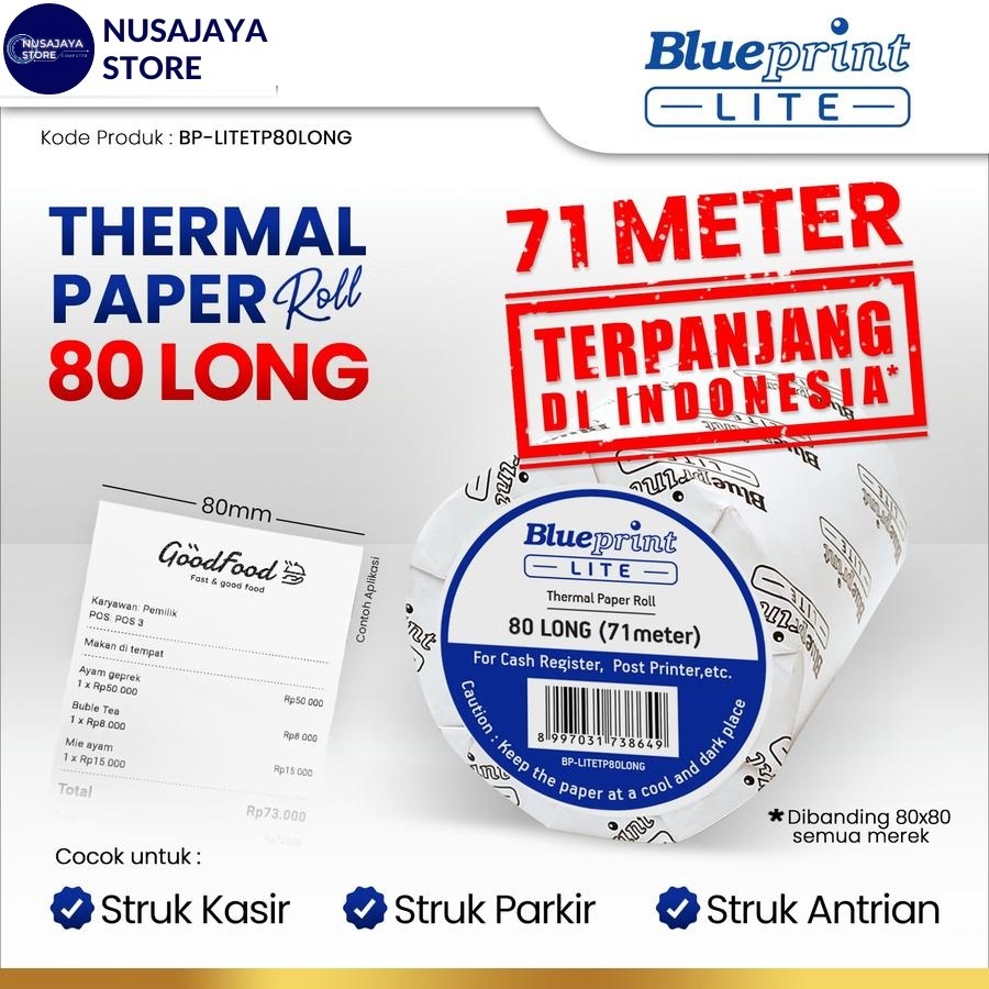 

Kertas Thermal / Kertas Struk / Kertas Kasir BLUEPRINT LITE 80 LONG 71 METER