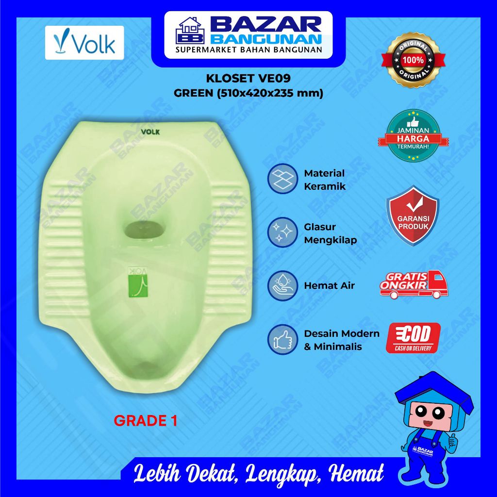 Volk - Closet Kloset Toilet Jongkok Squat WC VE09 VE 09 Green Hijau Grade A Toto CE7 Garansi Resmi