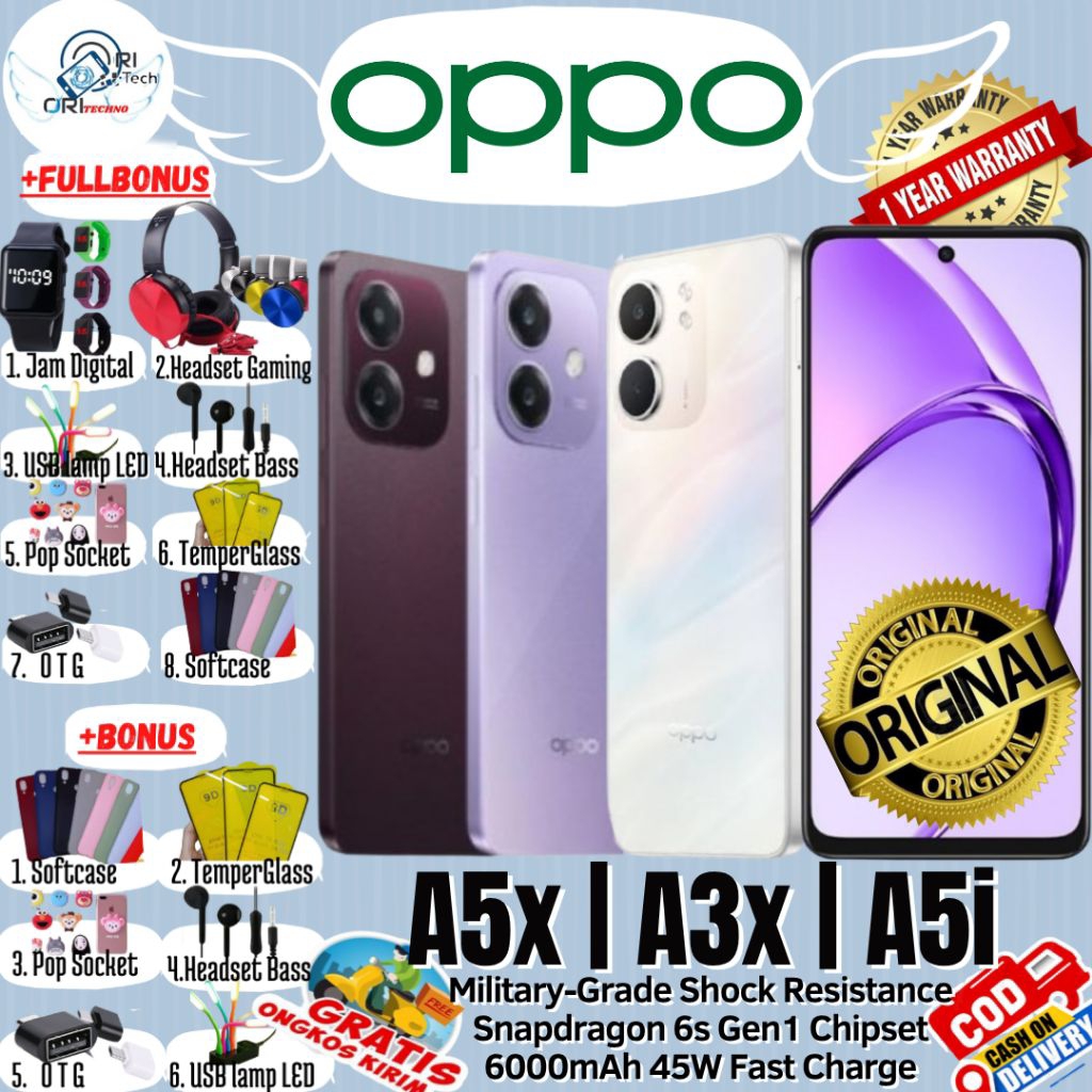 OPPO A5x | OPPO A5i | OPPO A3x 6/128 - 4/128 - 4/64 Ram UpTo 12GB Chipset Snapdragon 6s Gen1 100% OR