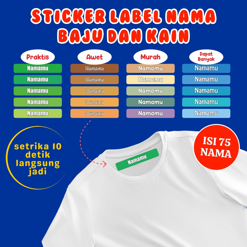 

Sehari Jadi Sticker Label Nama Kain 75 PCS Baju Kaos Sablon Cukup Setrika Custom Tulisan DTF