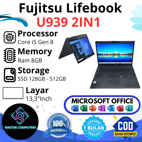 Fujitsu Lifebook U939 Core i5 / i7 Gen 8 Ram 8GB / 16GB SSD 128GB / 256GB / 512GB, Layar 13.3inch