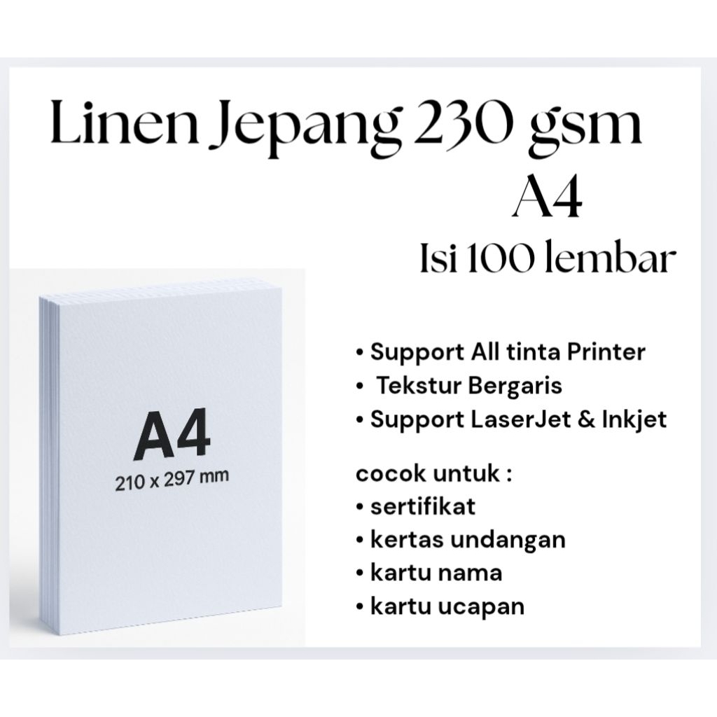 

Kertas Linen Jepang Premium Isi 100 Lembar A4 230 gsm – Kertas Tebal Untuk Sertifikat, Undangan | Tekstur Elegan.