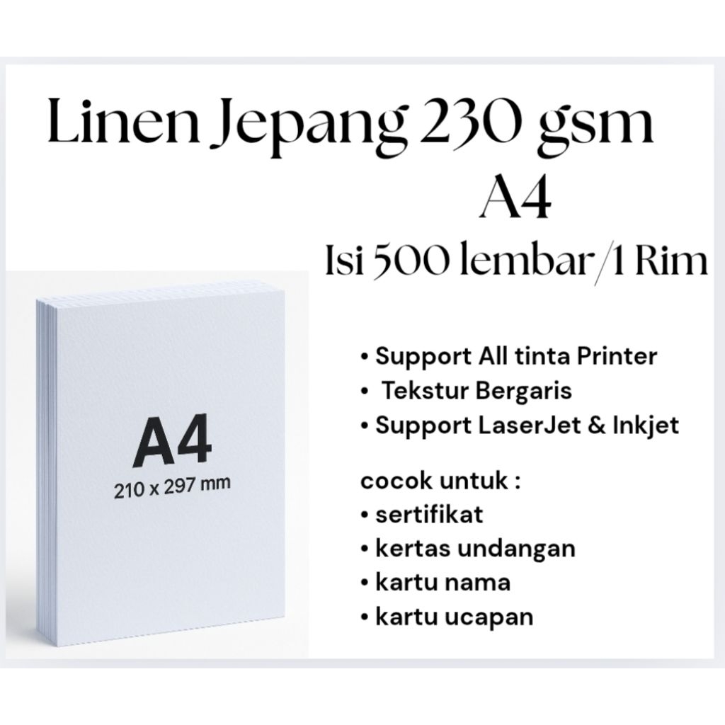 

Kertas Linen Jepang Premium Isi 1 Rim A4 230 gsm – Kertas Tebal Untuk Sertifikat, Undangan | Tekstur Elegan.