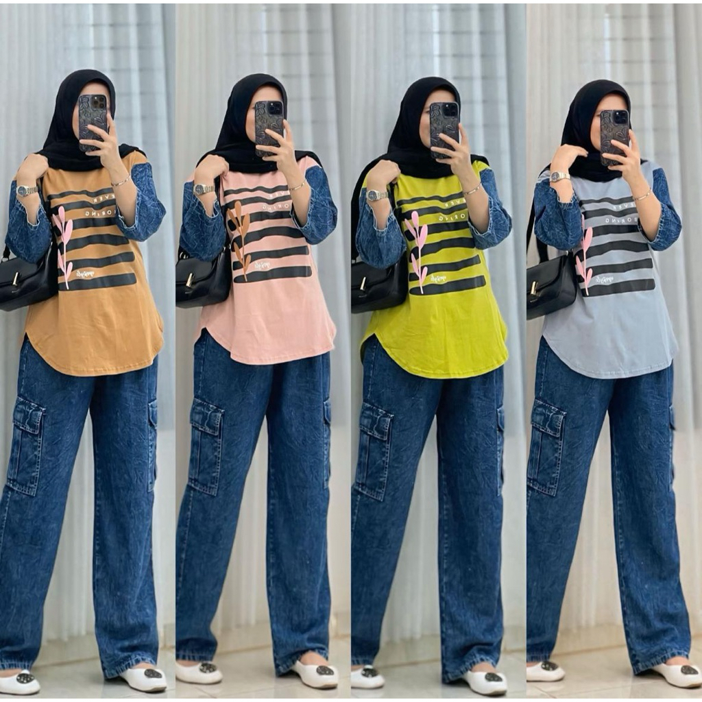 Setelan Kaos Wanita & Celana Levis Cargo / Cutbray