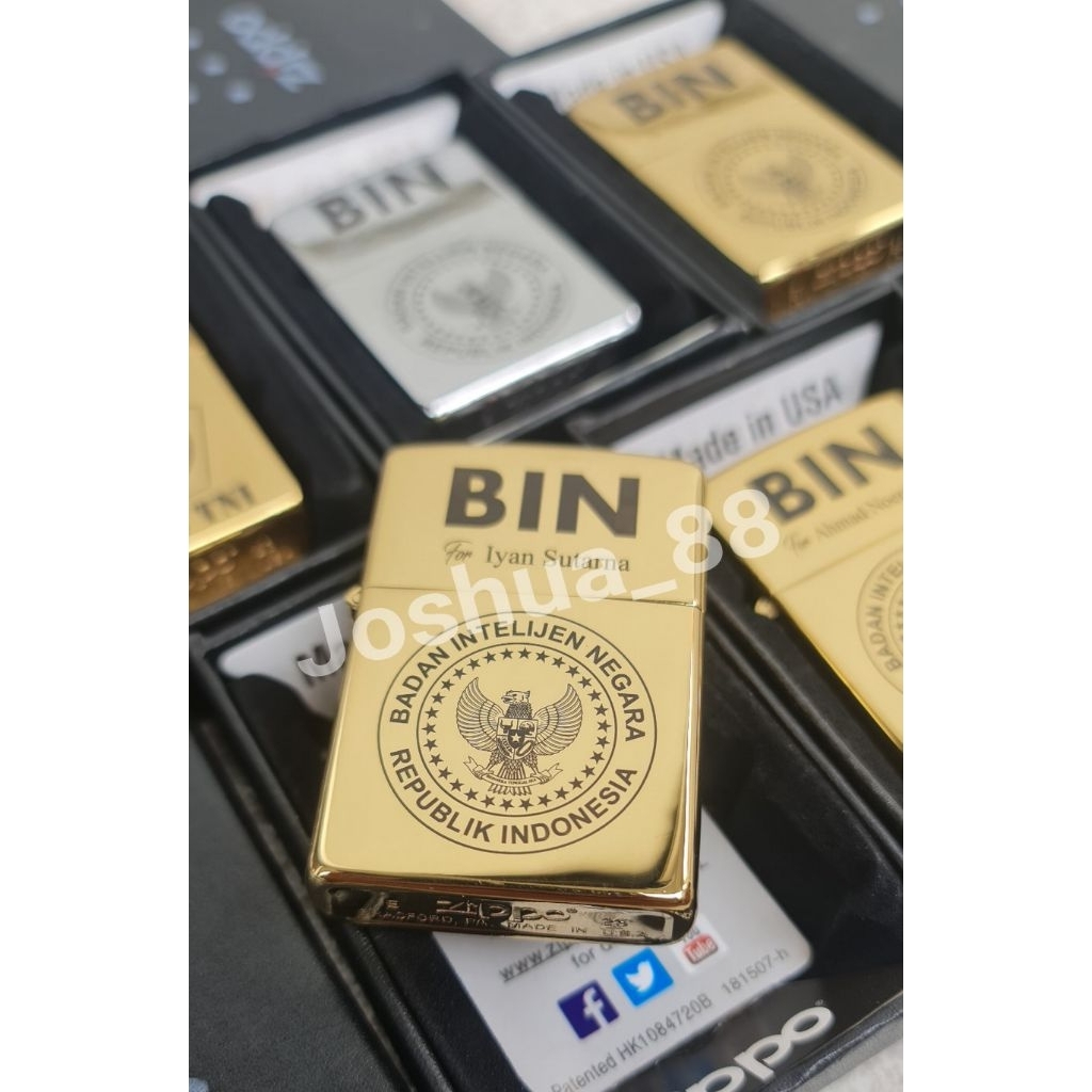 Zippo Custom Korek Api Ukir Logo Badan Intelijen Negara BIN Gold Bisa Ukir Nama Sendiri