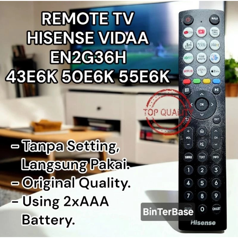 Remote remot TV Hisense Smart TV VIDAA EN2G36H 43E6K 50E6K 55E6K AOE4H with logo banyak tombol media