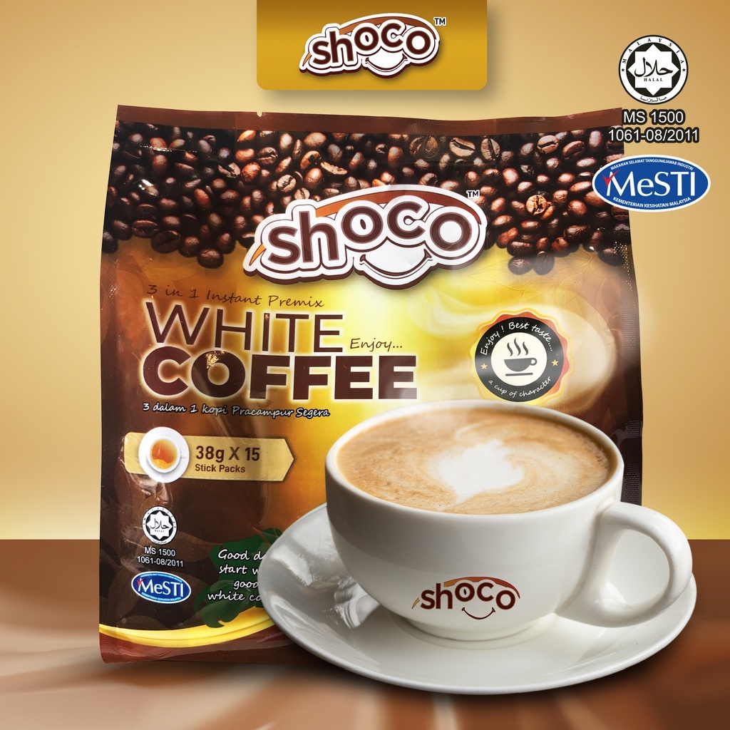 

15 Stick Packs x 38Gram Shoco 3in1 White Coffee Powder Drink Bubuk Instan Kopi Putih