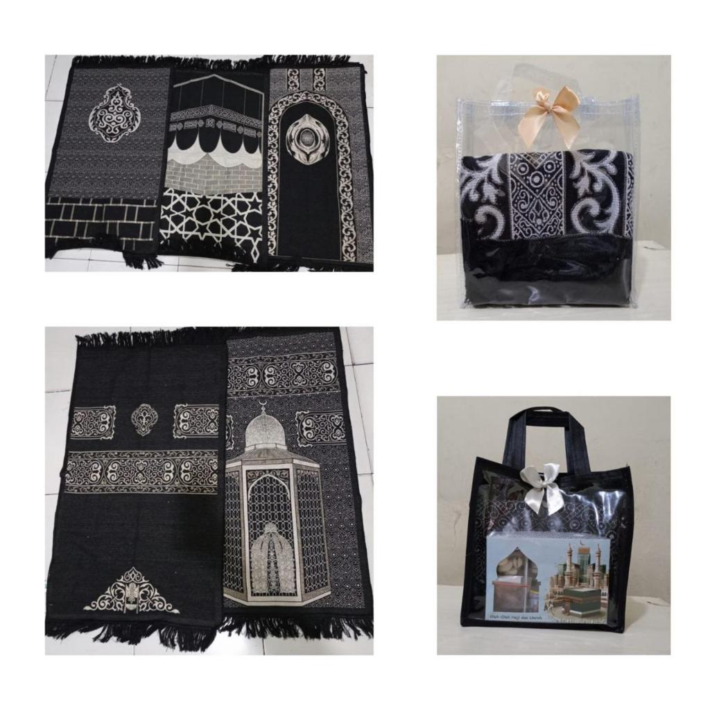 

Paket Oleh-oleh Haji / Umroh Sajadah Black Series plus camilan Arab dengan kemasan tas mika cantik