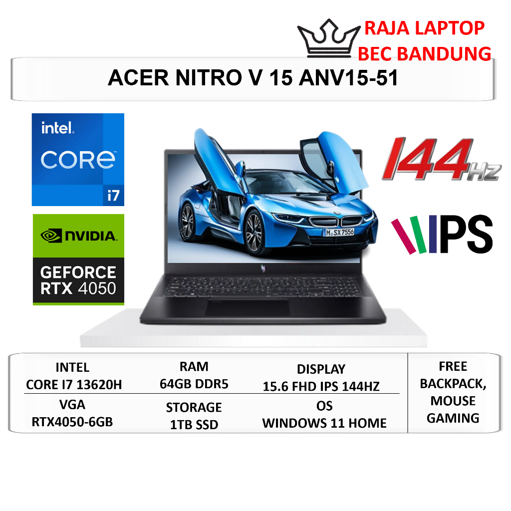 Laptop Gaming Acer Nitro V 15 Intel Core I7 Gen 13 Ram 64GB DDR5 SSD 2TB RTX4050-6GB 15,5" FHD IPS