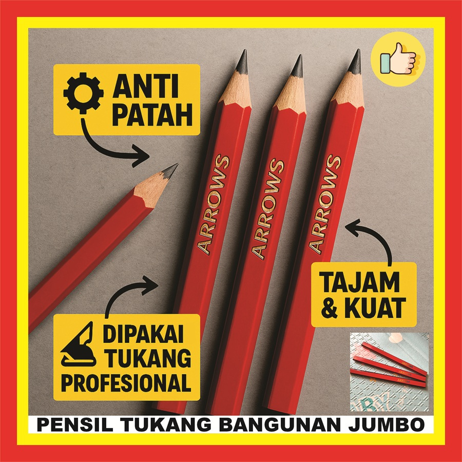 

Pensil Tukang Kayu Bangunan 1 Pack Arrows Original Jumbo Mekanik – Alat Wajib Tukang Bangunan! Coretan Tajam di Permukaan Kasar, Tidak Licin, Warna Tinta Terlihat Jelas, Kaligrafi, Gesek Mesin, Siap Bantu Pekerjaan Jadi Lebih Cepat & Rapi, Bukan Makita