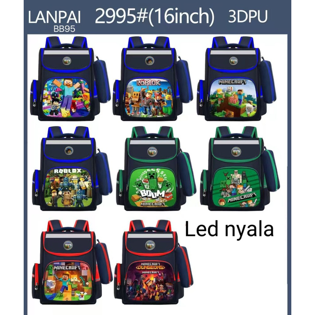 TAS SEKOLAH IMPORT ANAK LAKI LAKI DAN PEREMPUAN MOTIF KARAKTER LED NYALA RANSEL MINE CRAFT