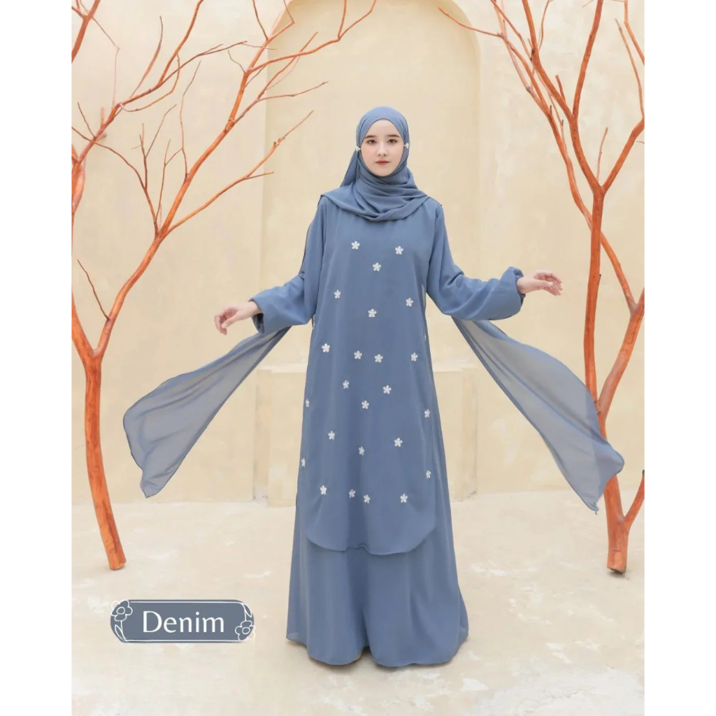 Gamis Syari Biru Denim Bordir Baju Kondangan Wanita Kekinian Livia Dress Gamis Pesta Mewah Elegan Ko