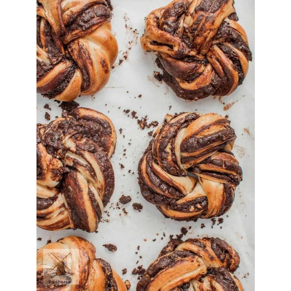 

Hazelnut Crunchy Chocolate Filled Babka Buns in packs of 4 or 6 buns