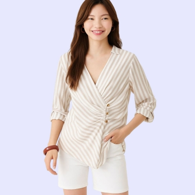 MV106 MARIANA WRAP STRIPE TOP Blouse lengan panjang